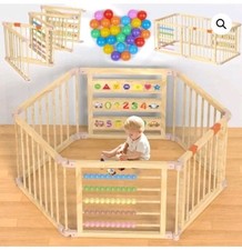Foldable Wooden Baby Playpen with Gate, Toys, Beige, Infant Toddler