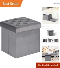 Storage Ottoman Cube Velvet Grey Medium Foldable Footstool with Lid
