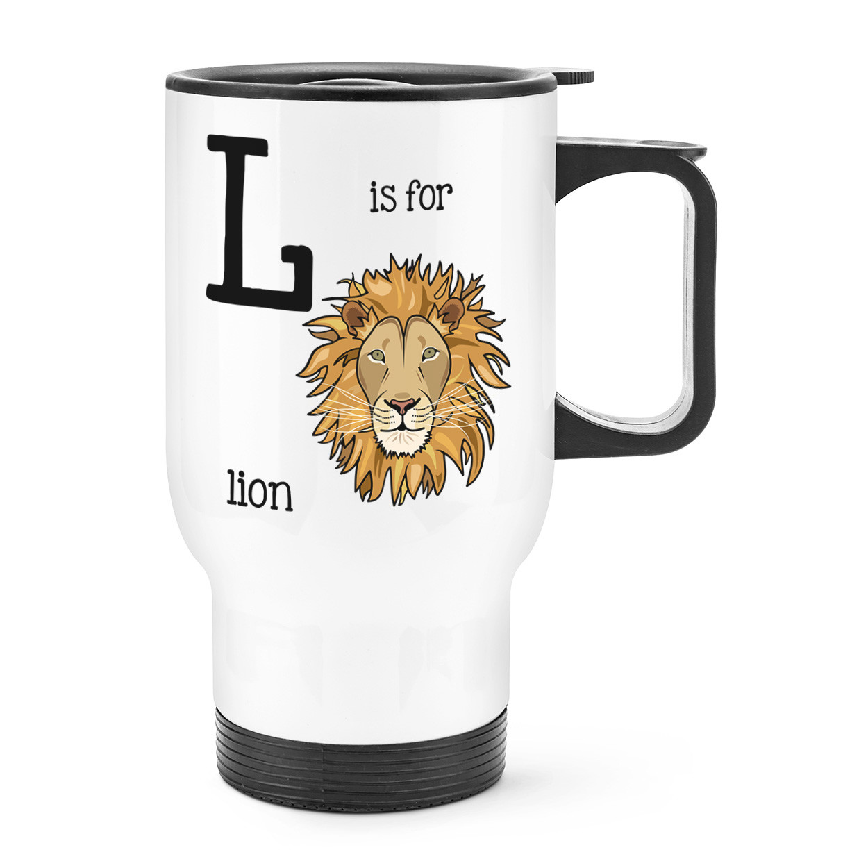 Letter L Is For Lion Travel Mug Cup With Handle - Funny Animal Thermal Flask