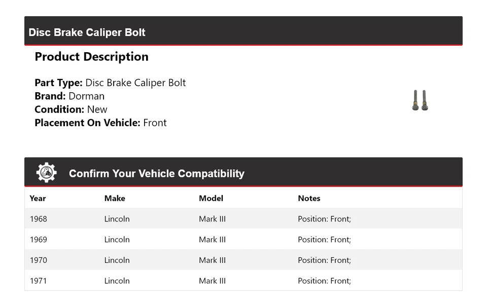 Pinza de freno de disco delantera para Lincoln Mark III Dorman 1968-1971 perno 1969 1970 Foto 2 de 4