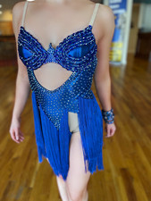 Blue Fringe Latin Rhythm DanceSport Dress made with Swavoroski crystals