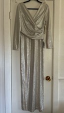 Eliza J Gown Gala dress Faux Wrap Long Sleeve Sz 8 silver metallic Side Slip