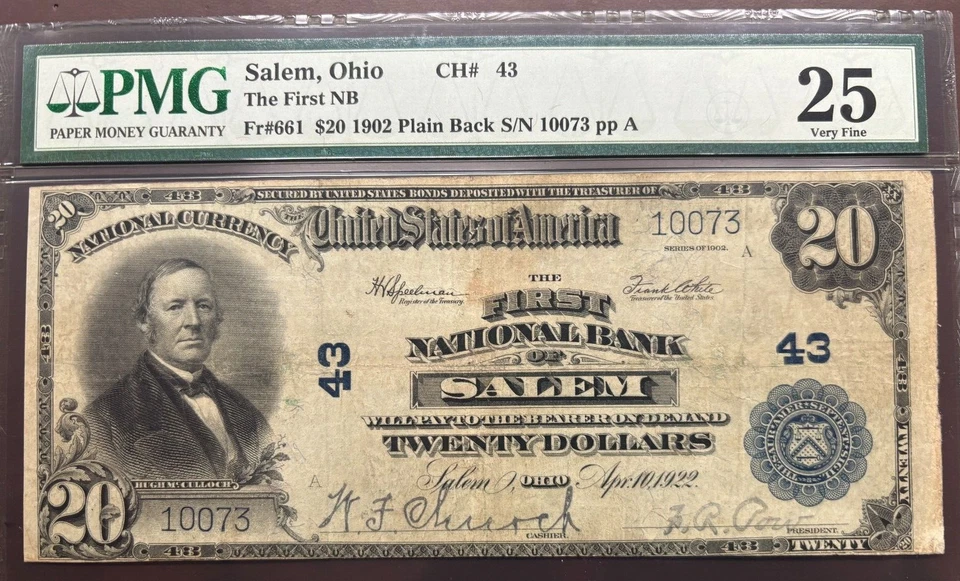 1902 $20 The First NB of Salem Ohio Plain Back CH#43 Fr 661 PMG 25 - Sharp Note - Image 2 of 3