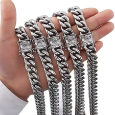 Fashion Mens Miami Cuban Link Bracelet or Chain Necklace Silver Stainless Steel