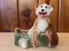 Vintage  American Shawnee Bisque Pottery HAPPY BEAR on a Log Planter