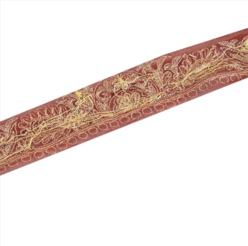 Sanskriti Vintage Saree Border Hand Beaded Craft Zari Trims 1 Yard Ribbon Maroon - Picture 8 of 8