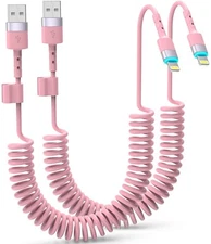 Coiled Pink iPhone Charger 3ft Apple Lightning  to USB Car-MFi Certified 2 Pack