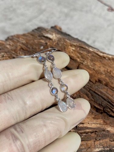 Genuine Moonstone And Labradorite Earring, 925 Sterling Silver Earring, Gifts - Picture 4 of 5