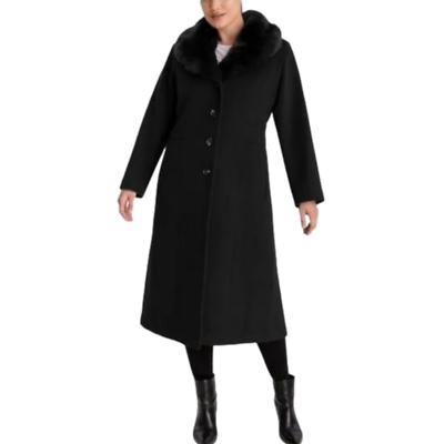 Anne Klein Women's Faux Fur collar maxi Cashmere Blend Coat, Black