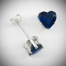6mm HEART Earrings Cubic Zirconia in Sterling Silver - Sapphire Simulant - NEW 