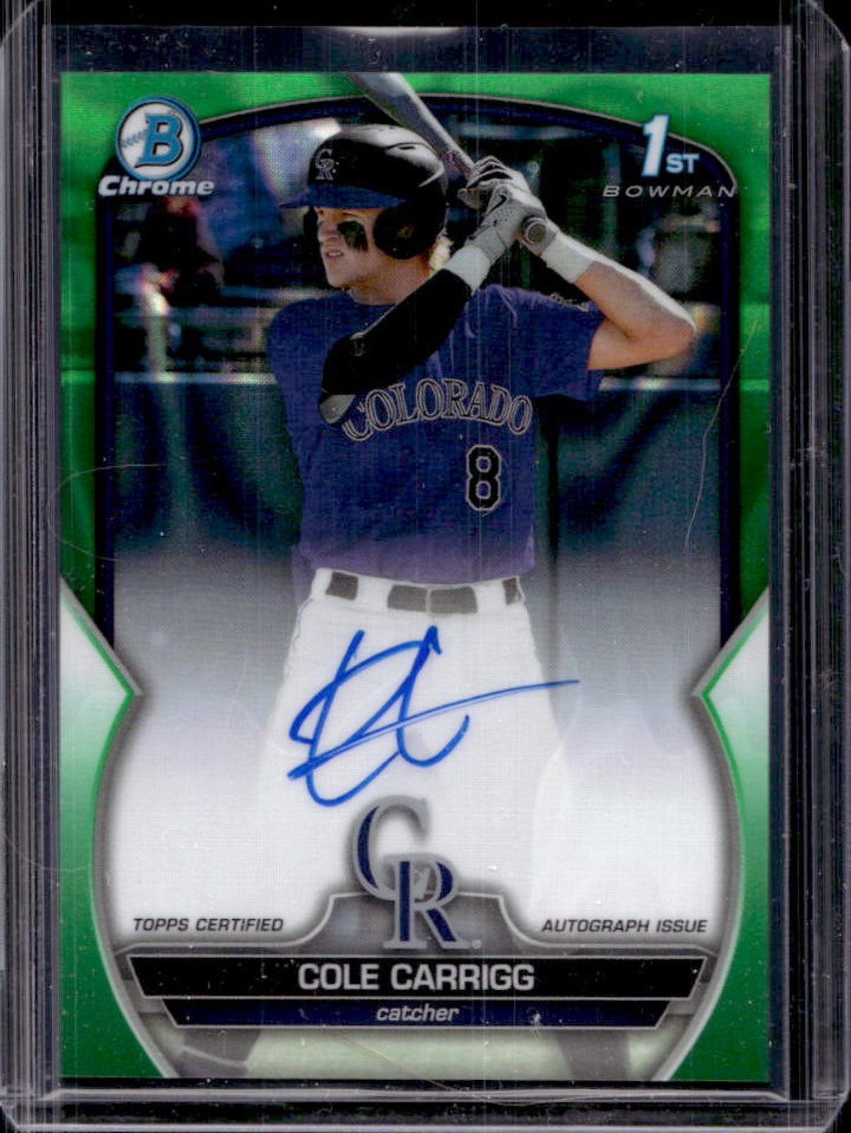 2023 Bowman Draft Cole Carrigg Chrome Auto Green Lava Refractor 1st #/99 Rockies