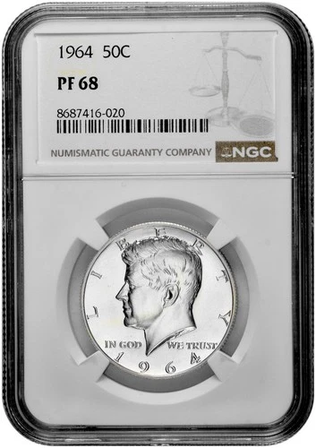 1964 50c Silver Proof Kennedy Half Dollar NGC Graded PF 68 with New Holder