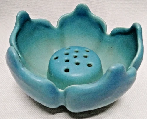 Van Briggle Pottery Ming Blue Lotus Flower Dish with Flower Frog. Vintage.