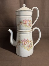 Ancienne cafetière émaillée fleurie complète en bon état