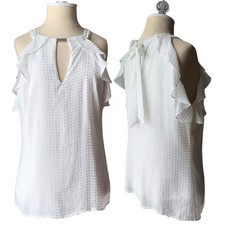 Cache White Ruffle Flutter Halter Keyhole Top Blouse Sleeveless Size Medium NWT