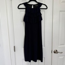 Enfocus Studio Minimalist Navy Blue Ruffle Tiered Halter Neck Shift Dress 6 EUC