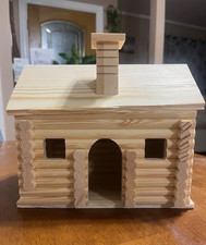 New Unfinished Wood Log Cabin Birdhouse, Paint/Stain Nice 