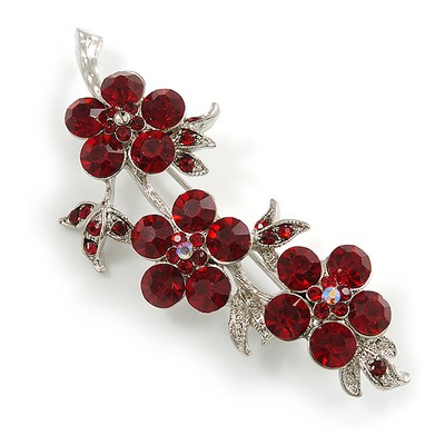 Rubinrote Kristall Brosche mit dreifacher Blume in Silberton - 60 mm quer