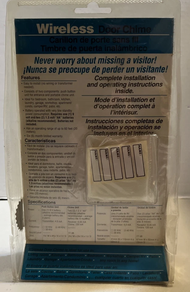  Kit de timbre inalámbrico a batería con pulsador, blanco D825W.     “W1” Foto 2 de 3
