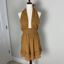 Aerie Dress Women M Brown Eyelet Halter Smocked Waist Mini Boho Summer Sun Dress