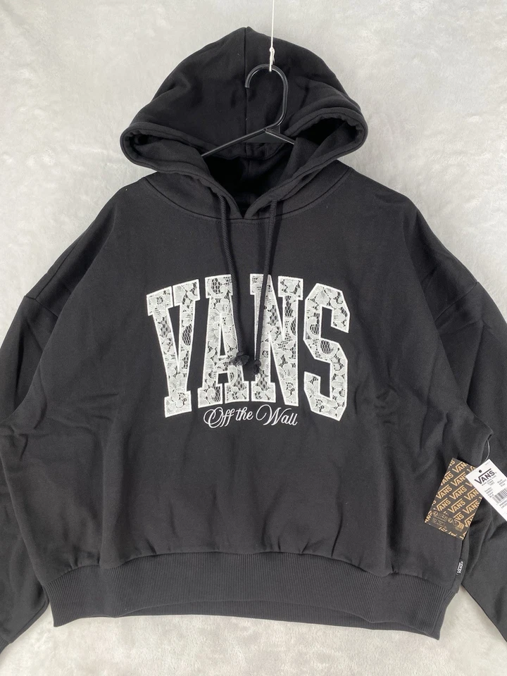 Vans Sudadera con Capucha Para Mujer XL Negra Con Cordones Retro Bordado Logo Pullover NUEVO $65 Foto 2 de 4