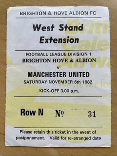 Rare Yellow 6th Nov 1982 Brighton & Hove Albion v Manchester United Match Ticket