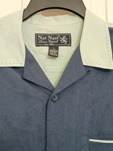 Camisa de Bowling Nat Nast Lujo Originales Rockabilly Retro Seda Azul y Como Nueva Grande - Imagen 4 de 8