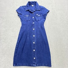 Guess Denim Mini Dress Womens XS Blue Short Sleeve Silver Snap Front Y2K Style