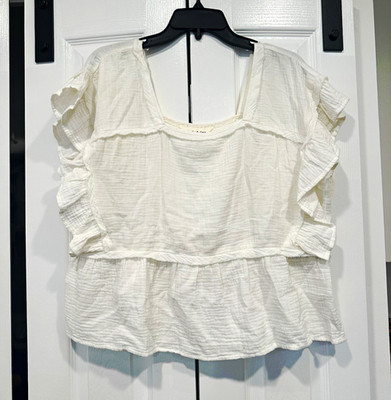 Lucky & Coco Women s White Solid Square Neck Cap Sleeve Ruffle Blouse L