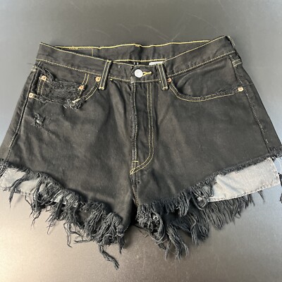 Levis 501 Distress Denim Black Jean Cut Off Shorts Frayed Women 32 100%  Cotton