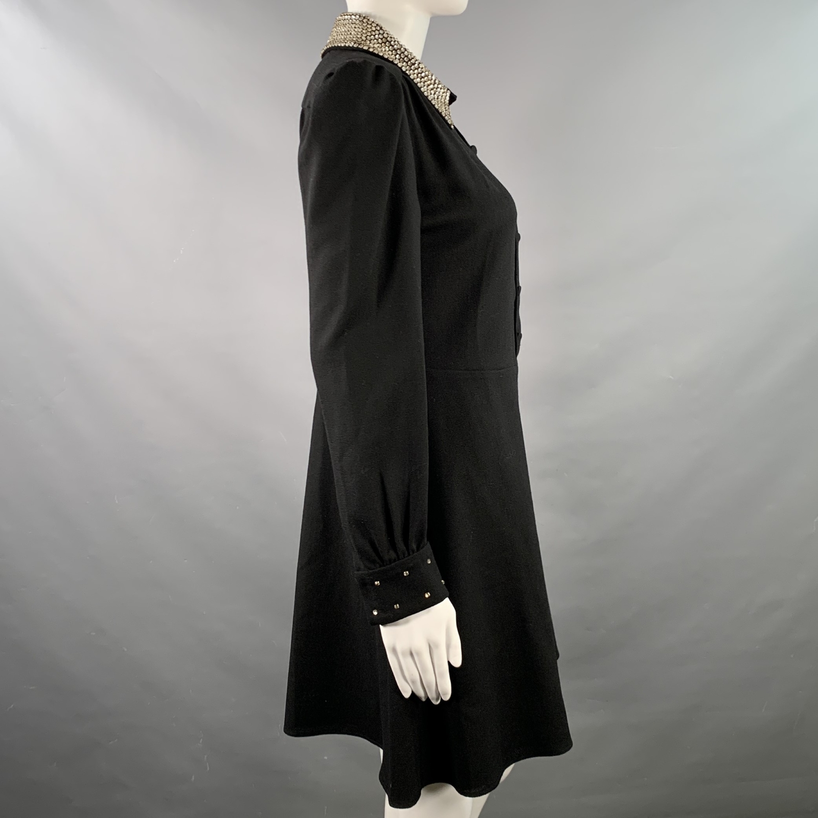 SAINT LAURENT Taglia 8 Abito Lungo Manica Nera Oro In Crepe Di Lana Con Strass