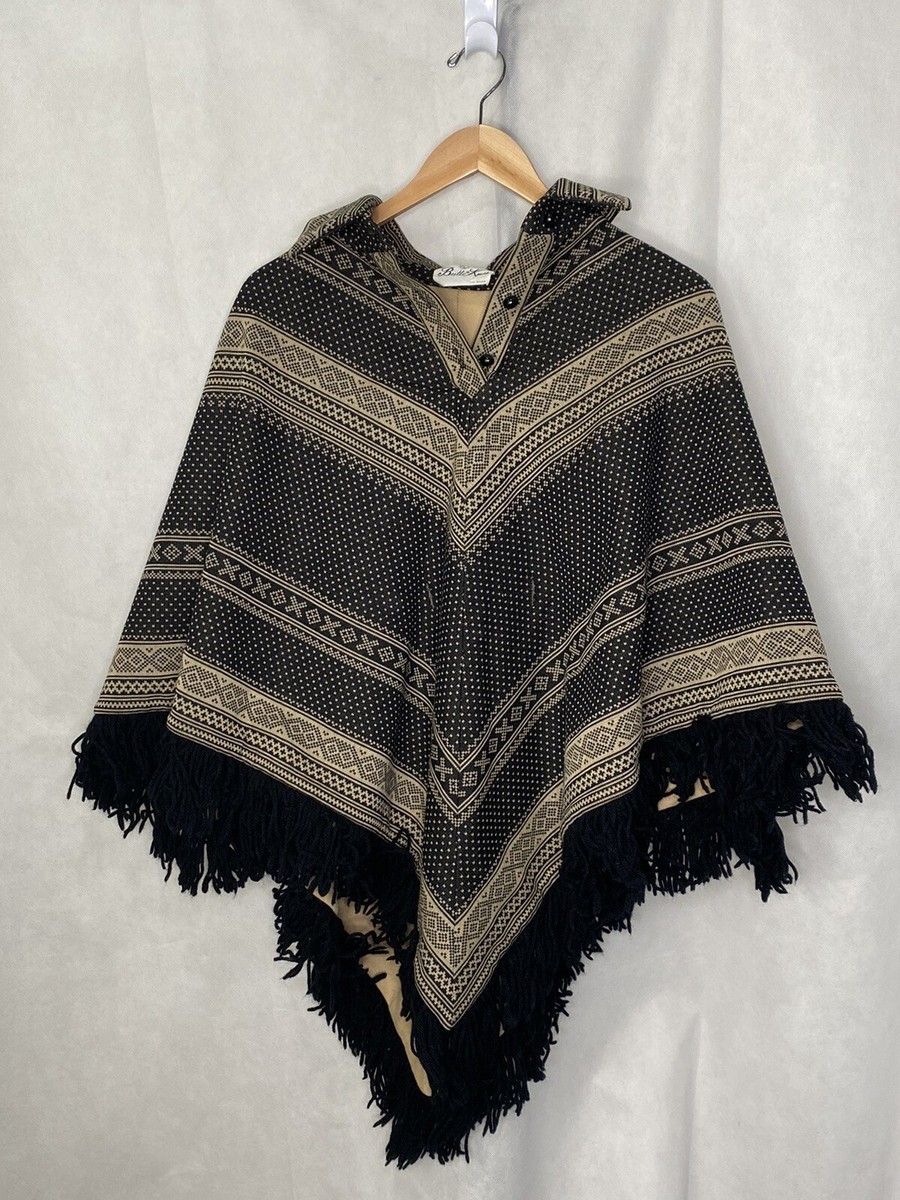 Vintage Butte Knit Black & Brown Collared Poncho Coat