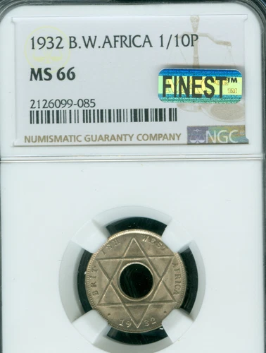 1932 BRITISH WEST AFRICA 1/10 PENNY NGC MS66 PQ MAC FINEST GRADE & SPOTLESS .