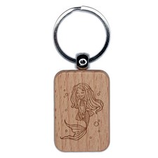Mermaid With Flowy Hair and Tail Engraved Wood Rectangle Keychain Tag Charm