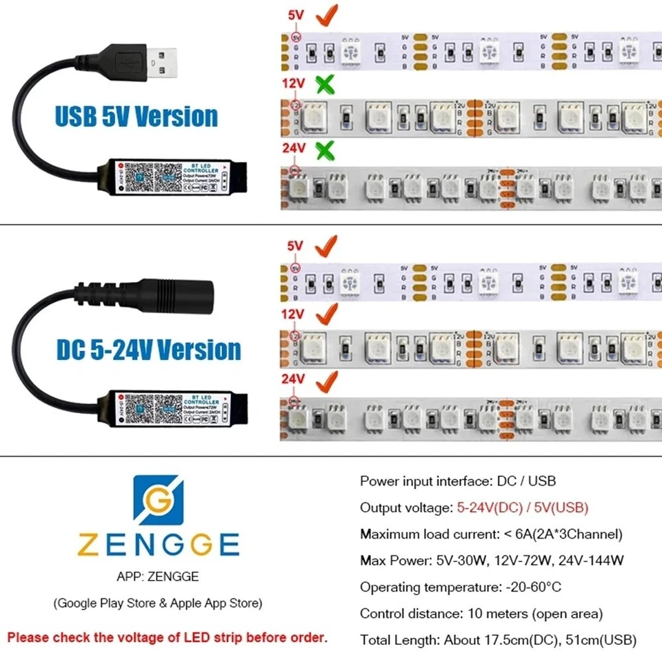 Bluetooth LED Controller DC USB 5V 12V 24V For 5050 3528 RGB LED Strip Light - Image 2 of 4