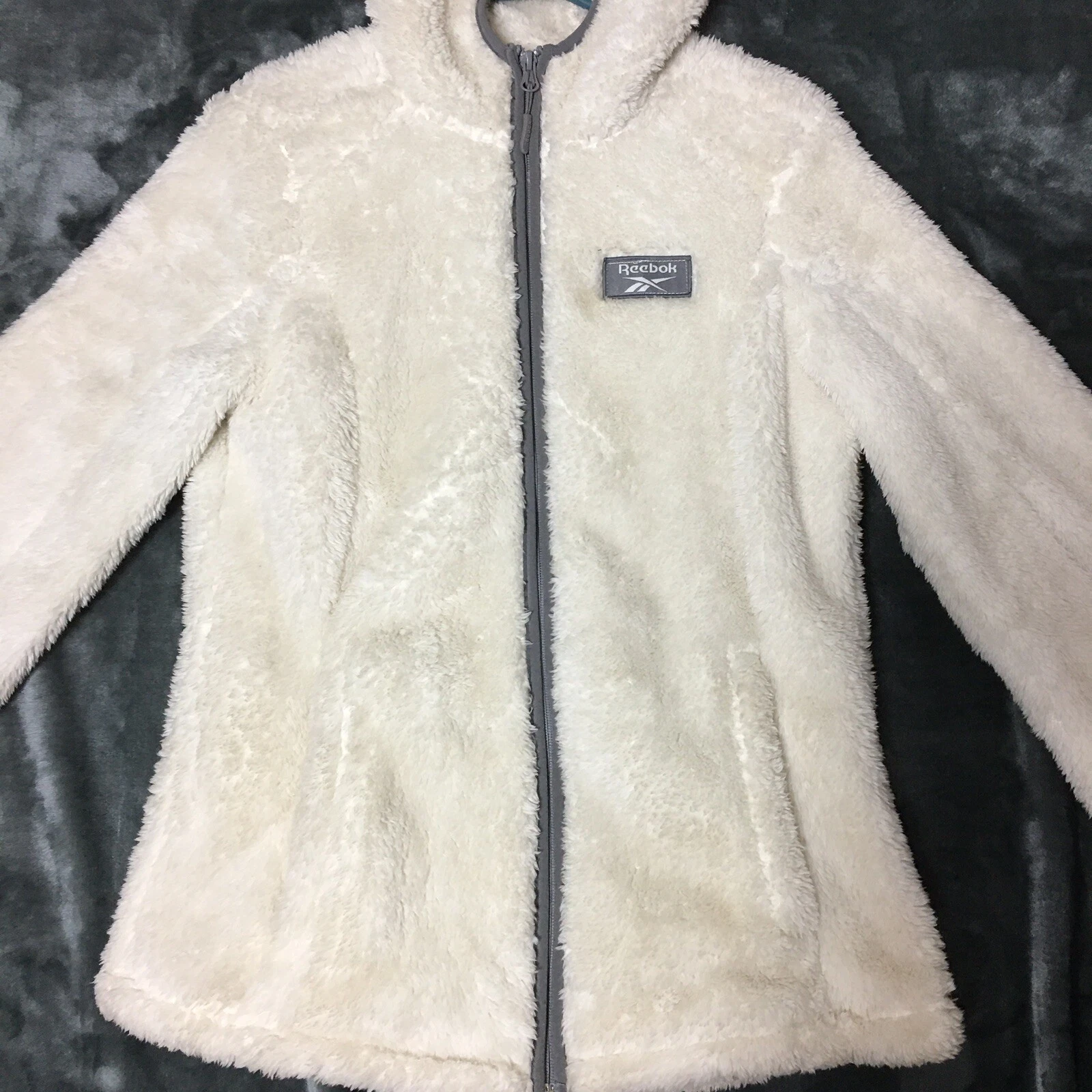 OFF WHITE Felpa con cappuccio donna Reebok cerniera intera pile bianca media con accenti grigi