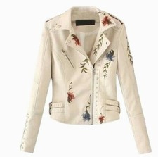 *GIACCA ECO PELLE*LUXURY CHIODO DONNA RICAMO ROSE BORCHIE BIKER denny NERO BIANC