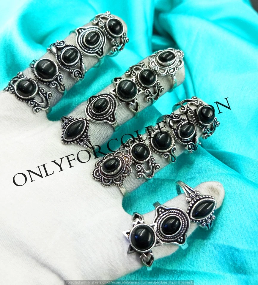 Increíble lote de anillos hechos a mano con piedras preciosas de ónix negro enchapados en plata de ley 925 Foto 4 de 4
