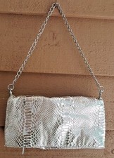 SILVER CLUTCH SHOULDER BAG CHARMING CHARLIE REPTILE VEGAN FOLD-OVER MEDIUM