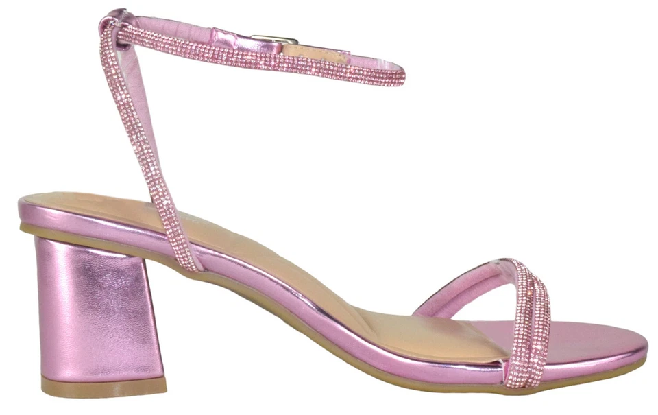 Top Moda Women Block Short Heels Open Toe Ankle Strap Bling Rhinestone CITY Pink - Image 3 of 3