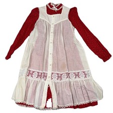 vintage Bryan girls' red floral long-sleeve dress and white pinafore set Size 12