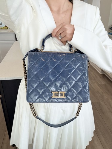 Auth RARE CHANEL Distressed Glazed Calfskin Navy Rita Top Handle Flap Bag 