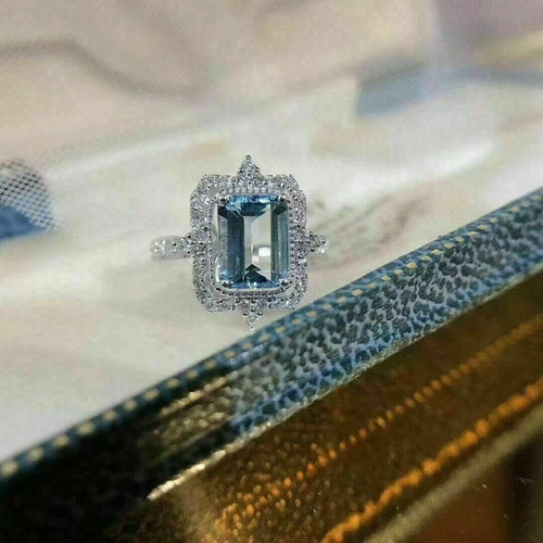 3Ct Szmaragdowy cięty laboratoryjnie Akwamaryn Pierścionek zaręczynowy 14K Białe pozłacane - Zdjęcie 5 z 5