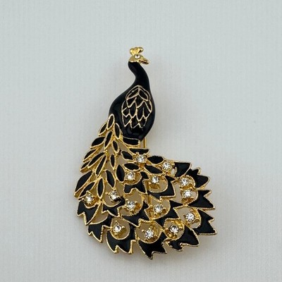 Croft & Barrow Vintage 1980s Peacock Brooch Black Enamel Rhinestone Gold Tone