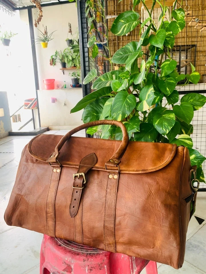 21"X8" Inch Leather Duffel Travel Men Vintage Weekend Overnight New - Image 4 of 4