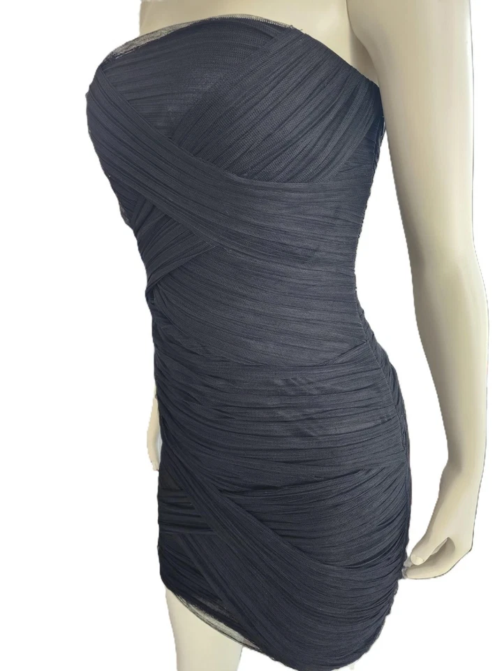 Foreign Exchange Black Strapless Ruched Mesh Bodycon Cocktail Party Mini Dress M - Image 2 of 4