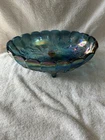 Vintage Iridescent Blue Carnival Glass Harvest Grape Footed Large Fruit Bowl