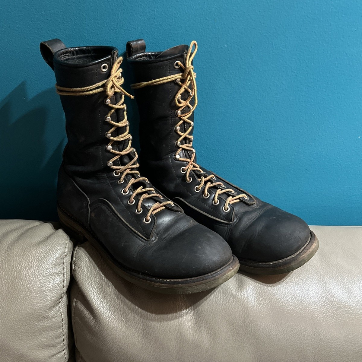 Vintage Red Wing 919 Logger Lineman Boots Black Leather Green Sole
