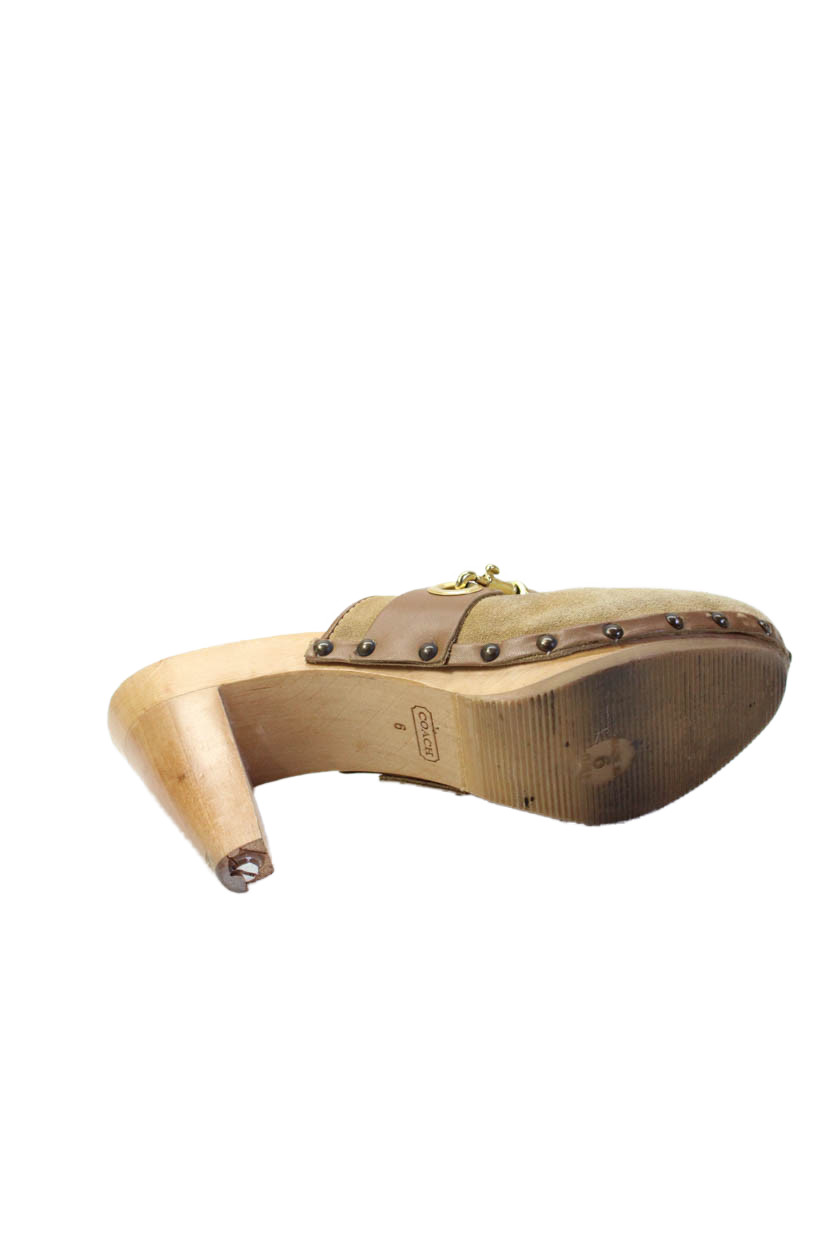 Coach Women's Suede Leather Studs Wood Heel Mules Sandals Beige Size 6 thumbnail 4