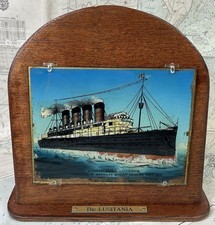 Antique RMS Lusitania, Cunard, Crystoleum Painted Glass Plaque Picture, Stand